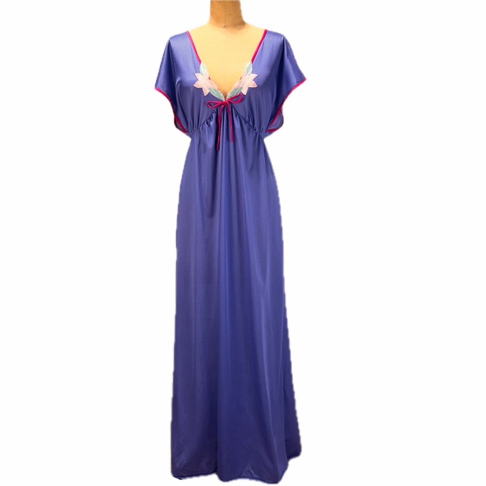VINTAGE 80s silky nylon nightgown maxi long gown purple blue short sleeve floral - Picture 3 of 12